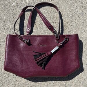 Calvin Klein Burgundy Leather Tote Bag Tassel Gold Interior‎ Handbag Purse
